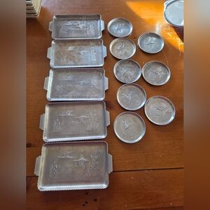 Mid Century Hammered Aluminum Snack Trays And Coasters